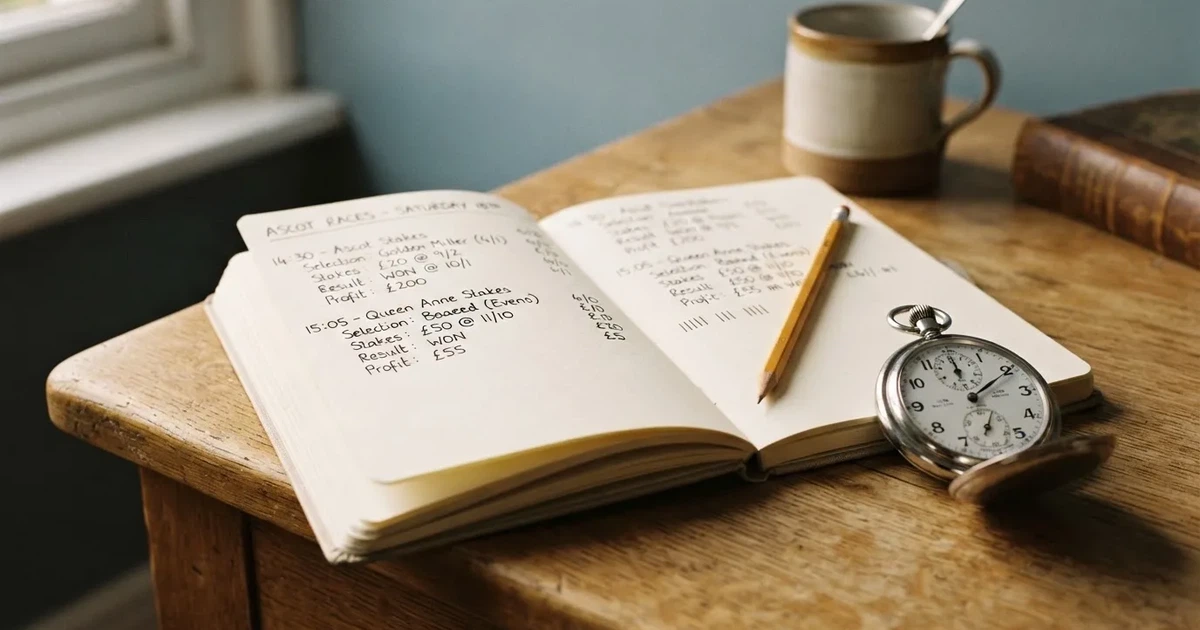An open notebook with a pencil and a stopwatch on a wooden table