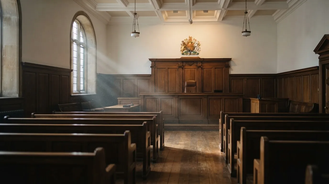 An empty courtroom with wooden benches in morning light