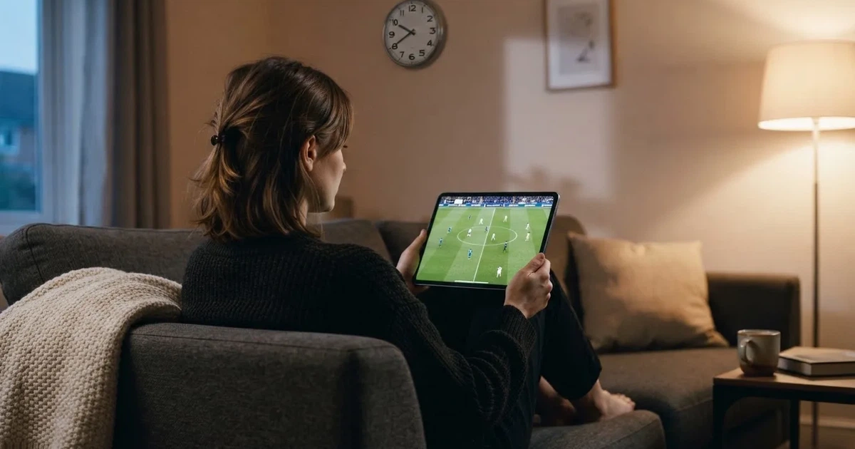 A person on a sofa looking thoughtfully at a tablet, a wall clock in the background