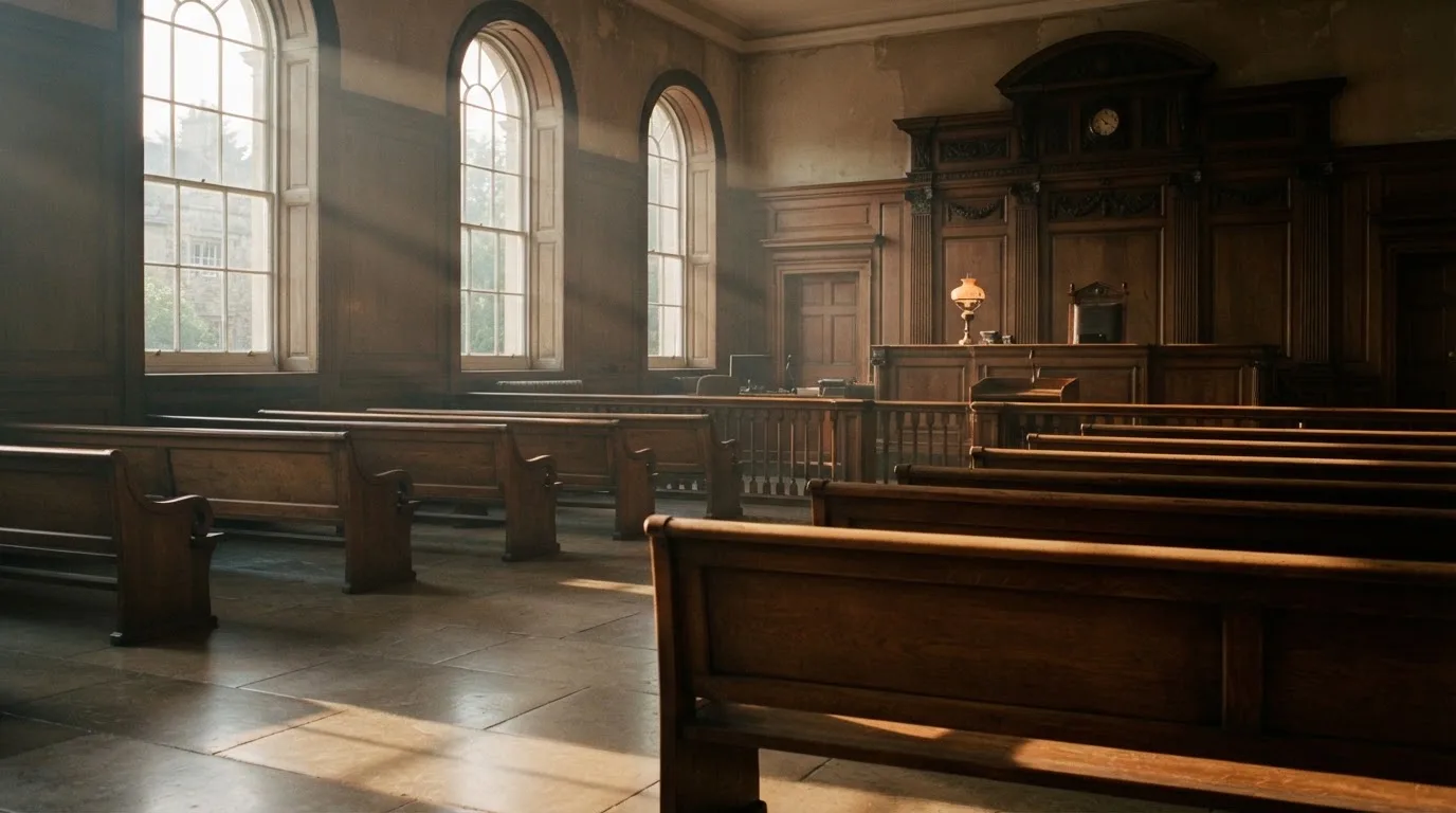An empty courtroom with wooden benches in morning light