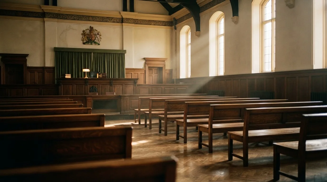 An empty courtroom with wooden benches in morning light