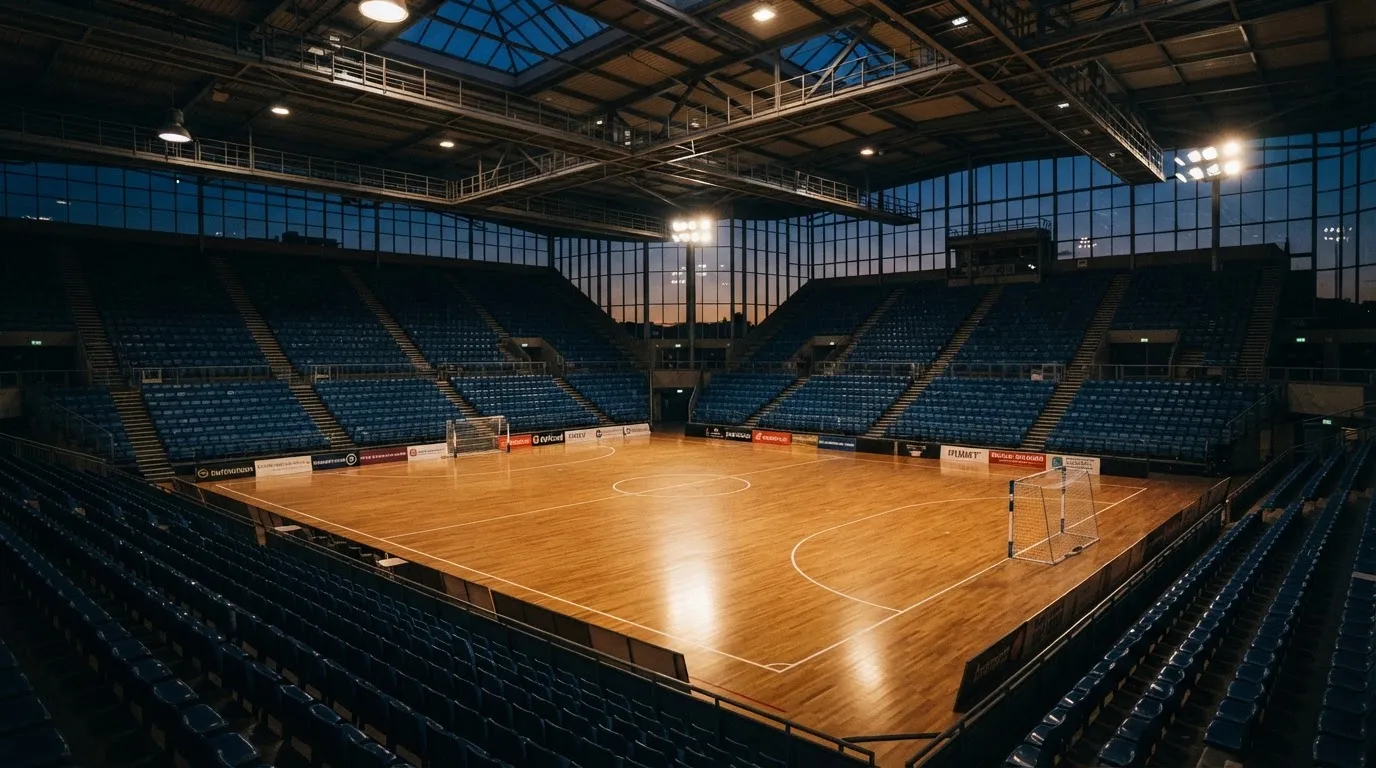 An empty football stadium with floodlight masts at dusk