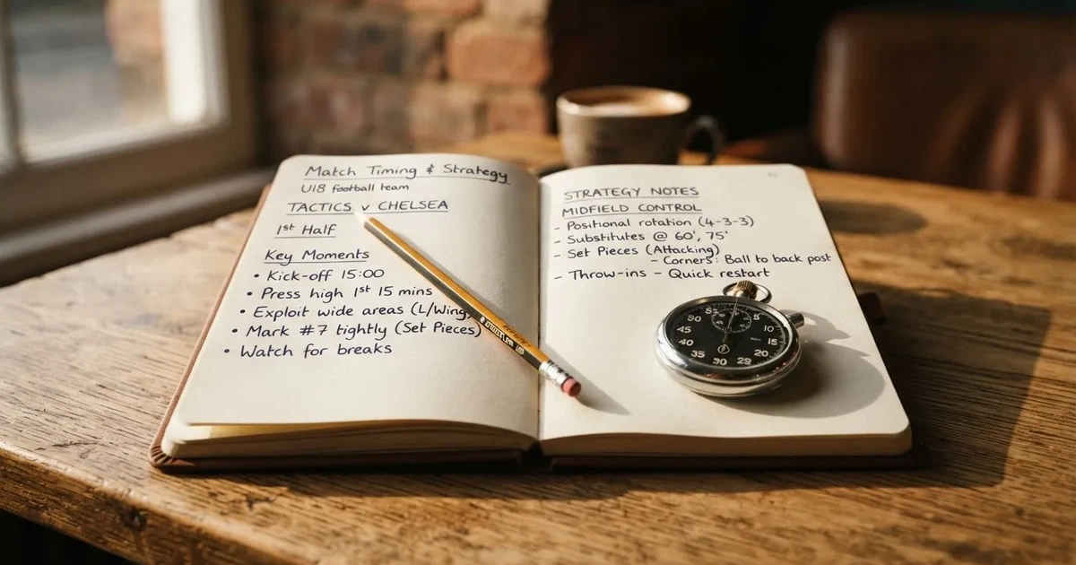 An open notebook with a pencil and a stopwatch on a wooden table