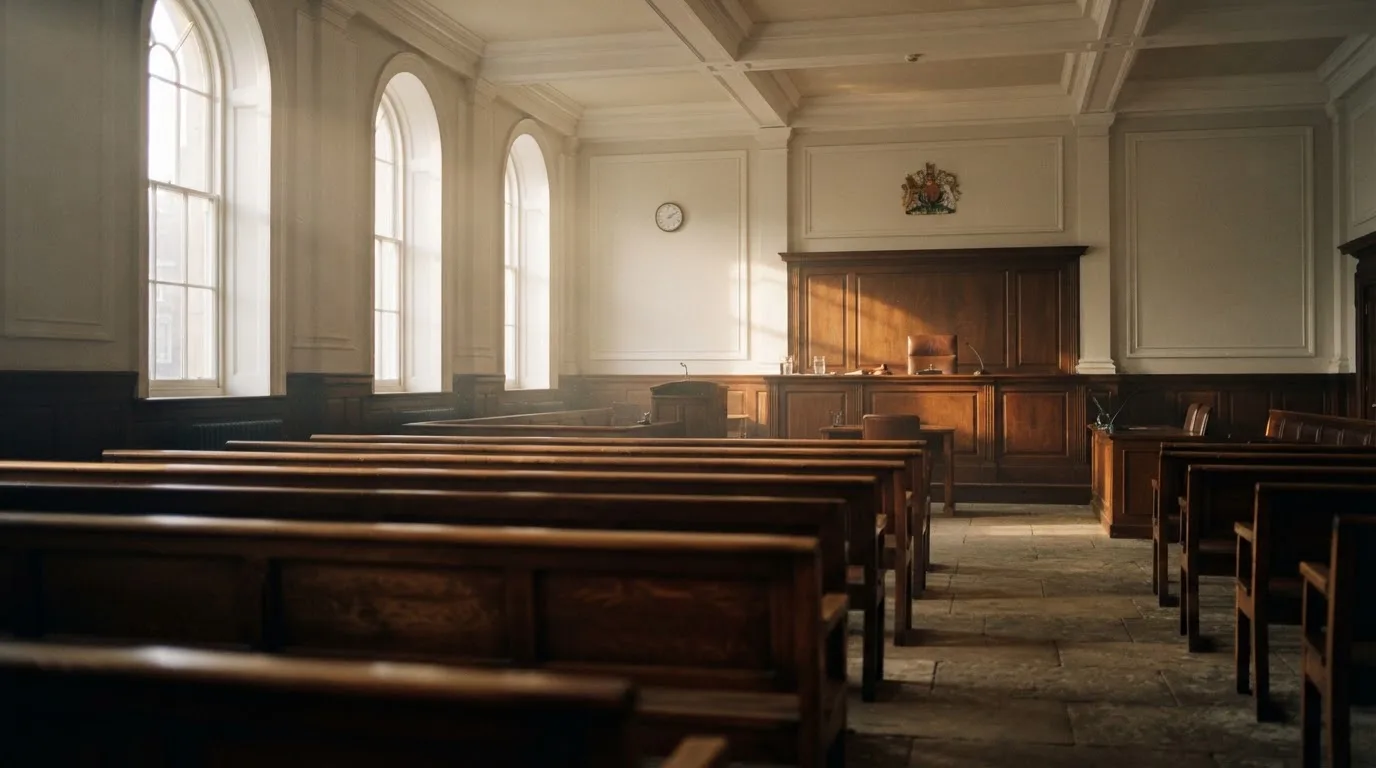 An empty courtroom with wooden benches in morning light