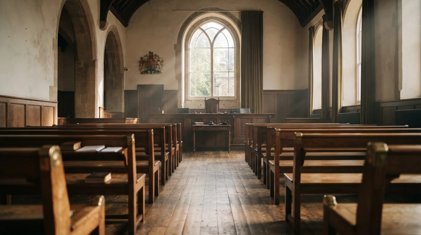 An empty courtroom with wooden benches in morning light