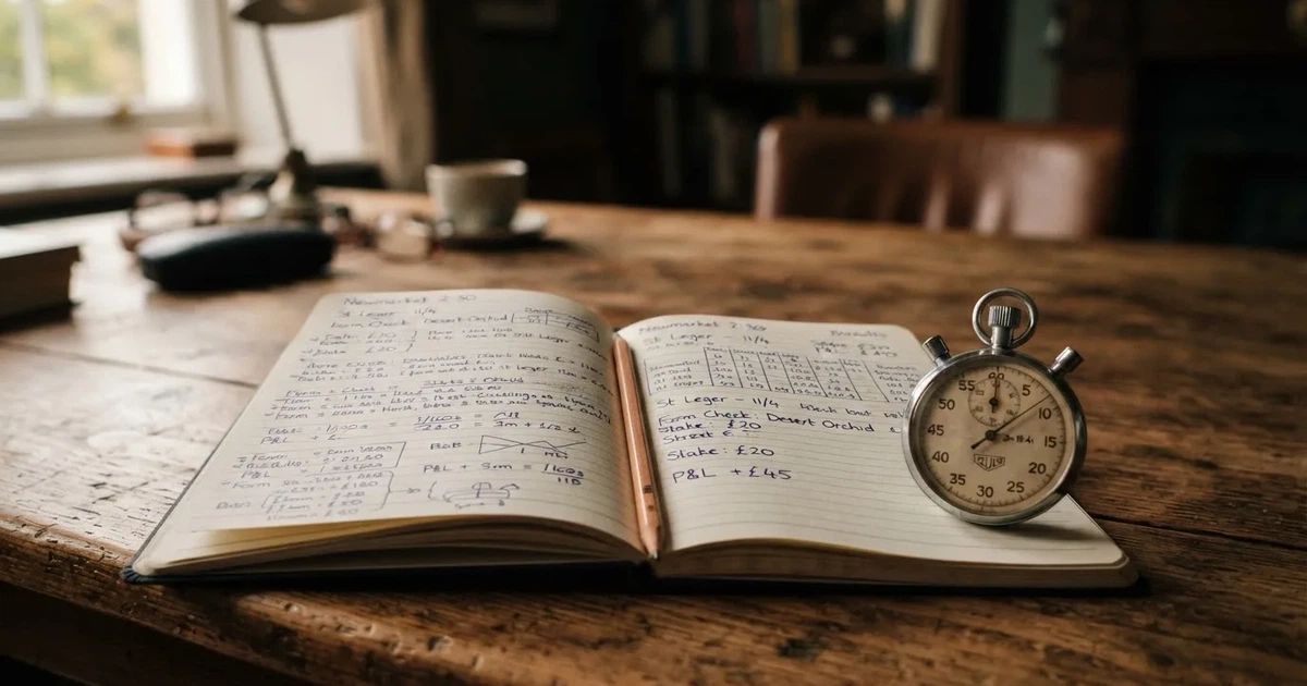 An open notebook with a pencil and a stopwatch on a wooden table