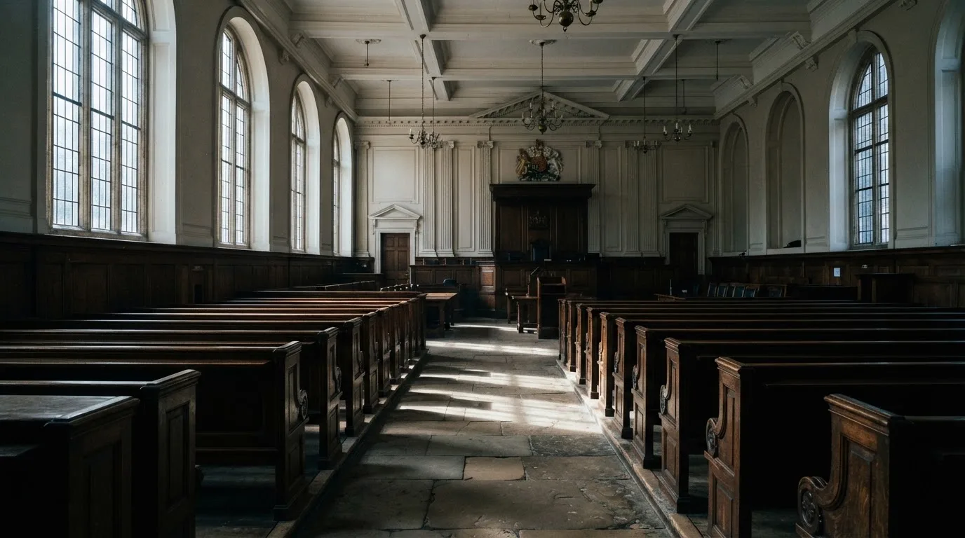 An empty courtroom with wooden benches in morning light
