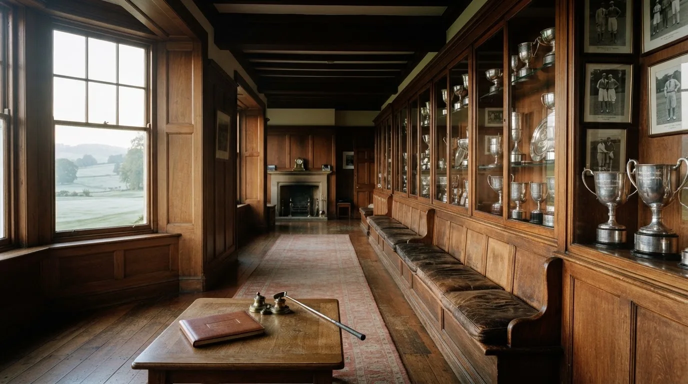 An empty courtroom with wooden benches in morning light