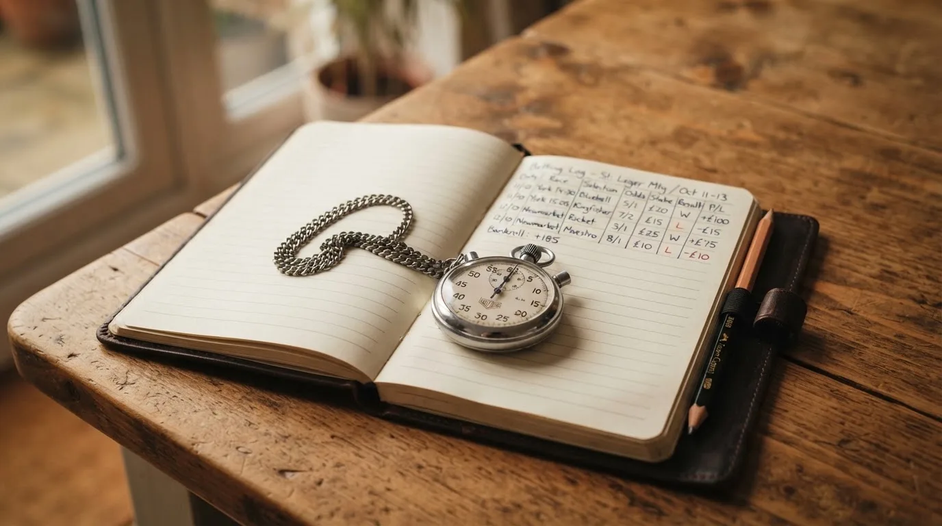 An open notebook with a pencil and a stopwatch on a wooden table