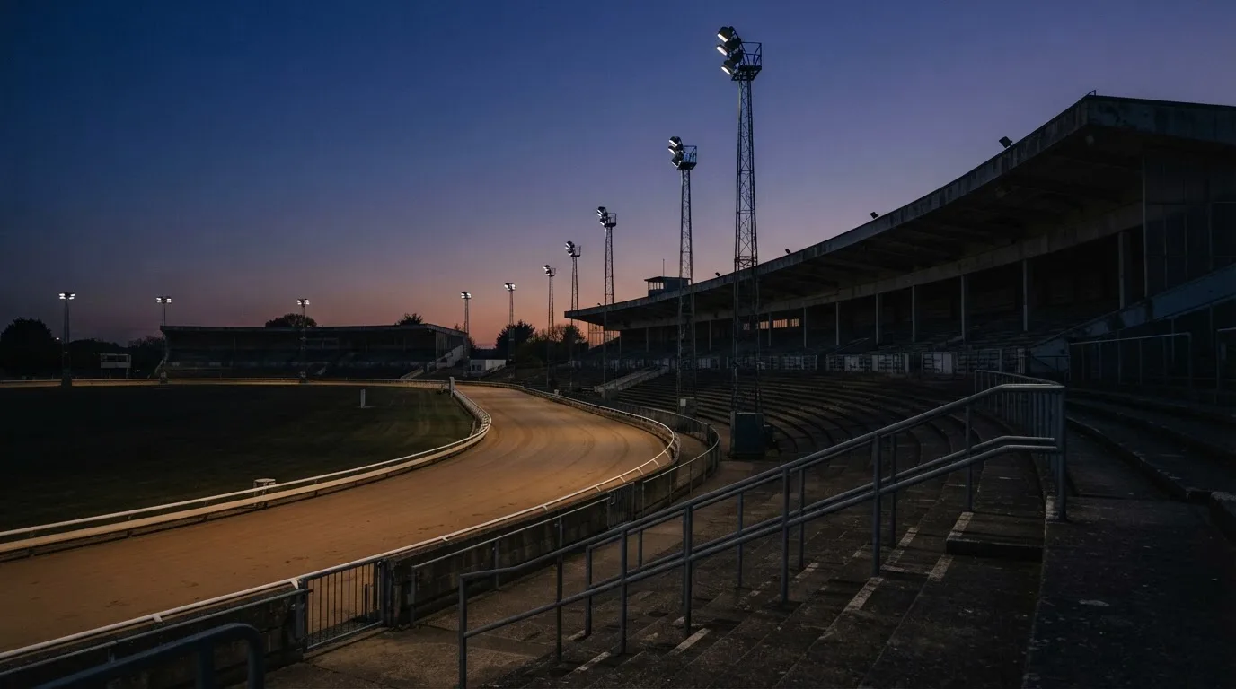 An empty football stadium with floodlight masts at dusk