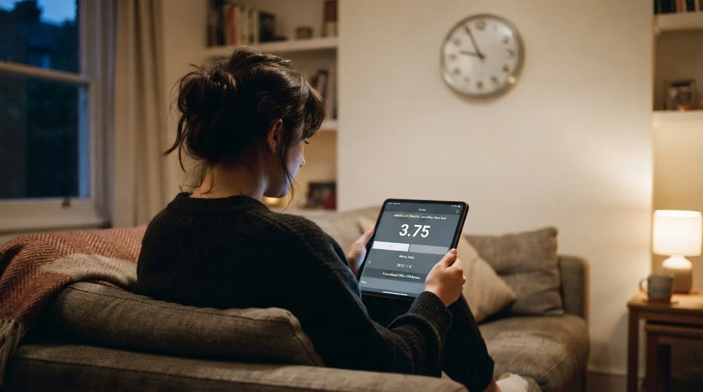 A person on a sofa looking thoughtfully at a tablet, a wall clock in the background