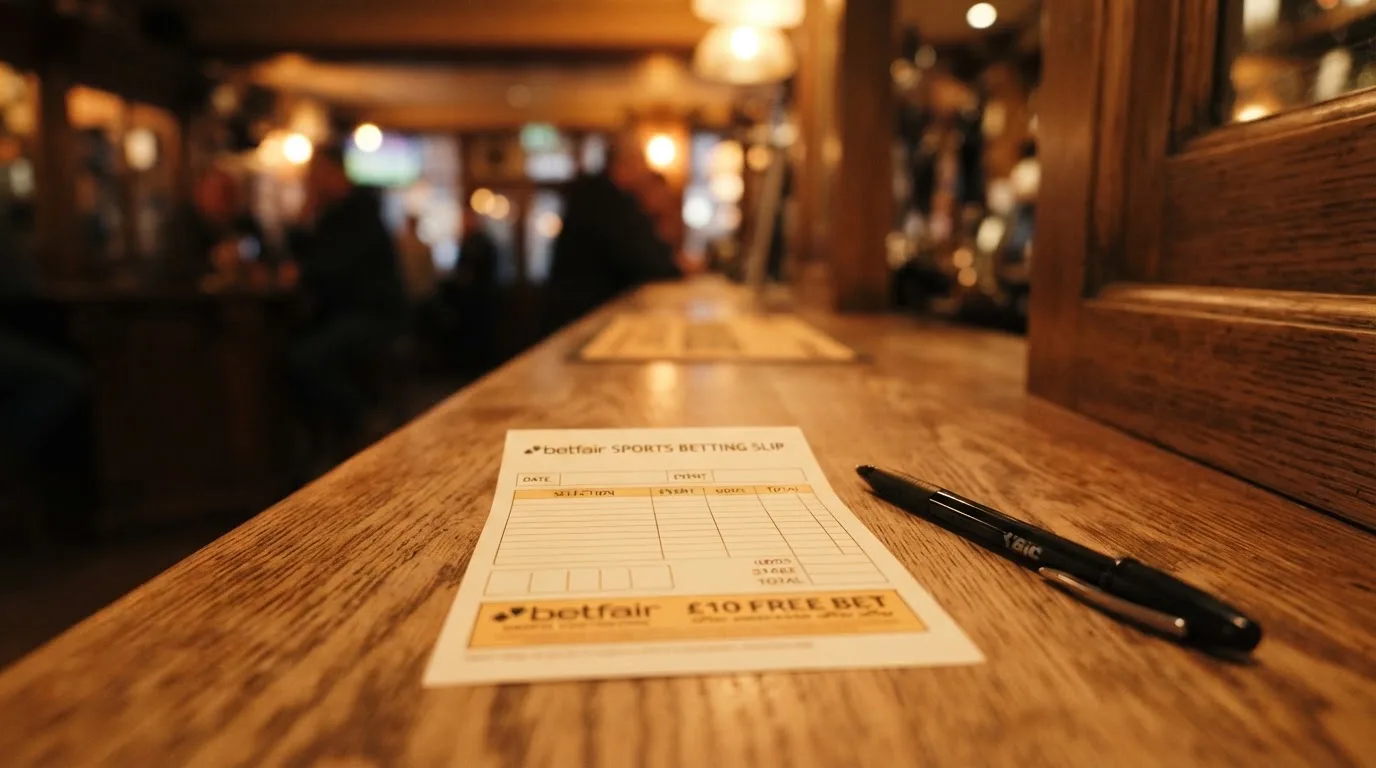 A blank paper betting slip beside a pen on a wooden counter