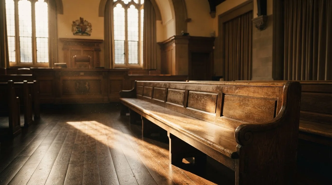 An empty courtroom with wooden benches in morning light