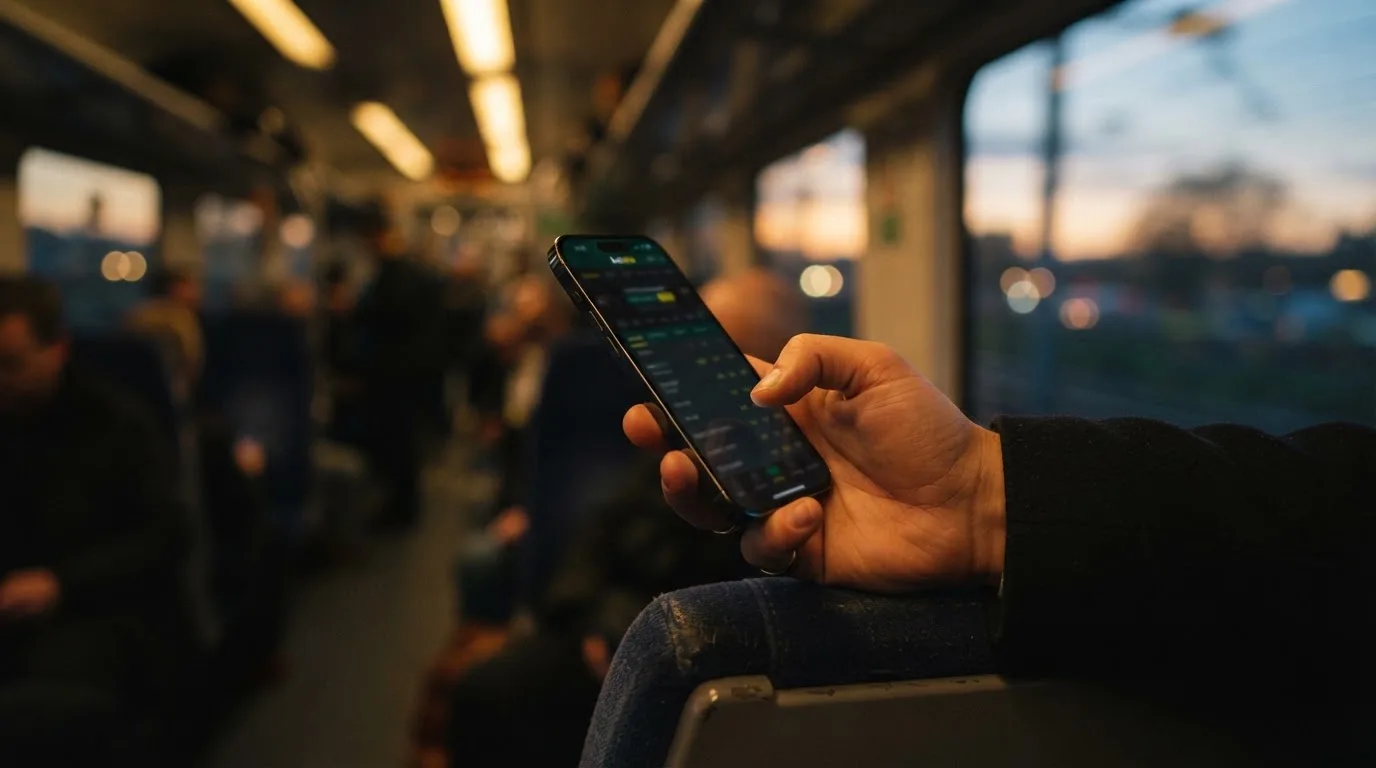 A hand holding a smartphone on a train in the evening, screen turned away