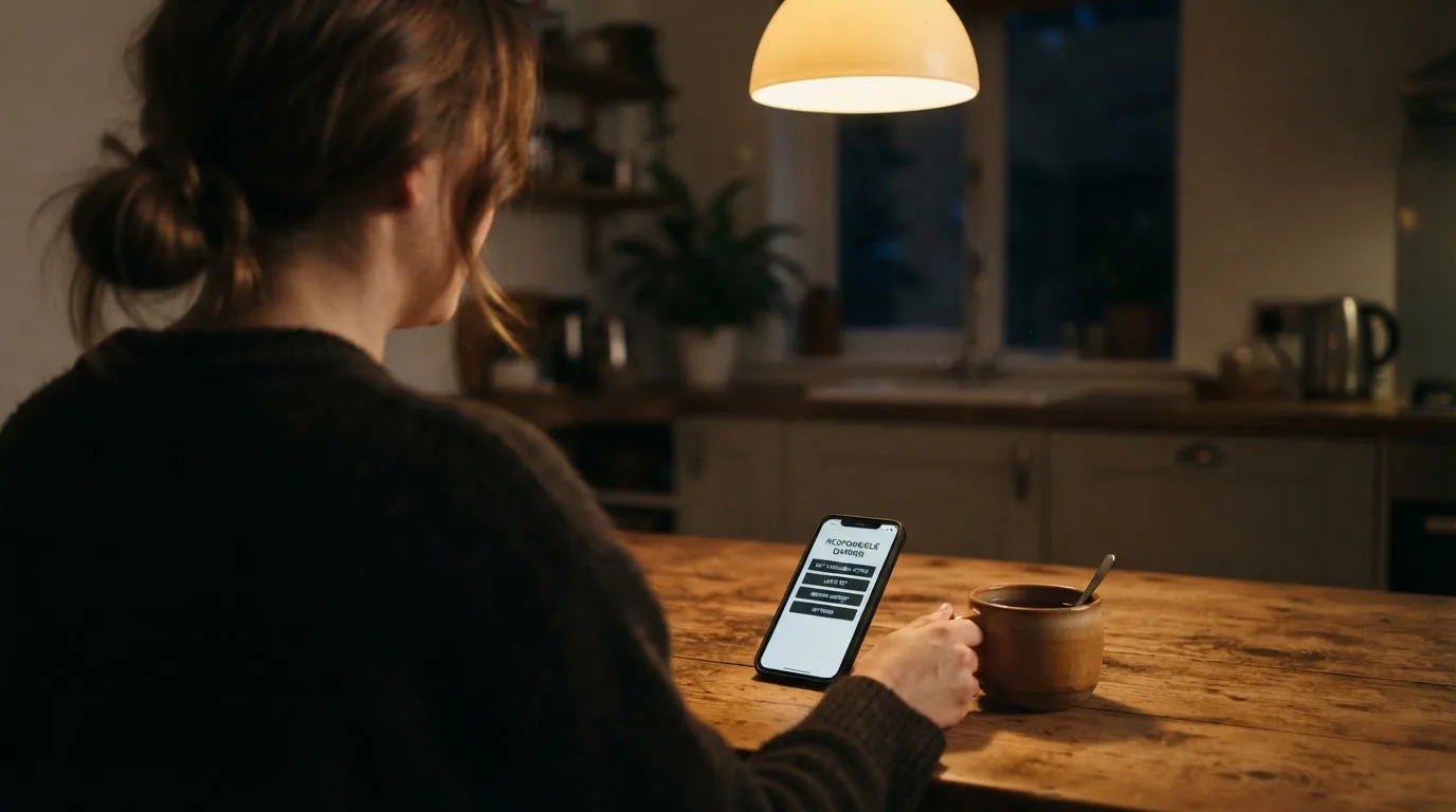 A hand setting a smartphone down beside a cup of tea on a kitchen table on a quiet evening