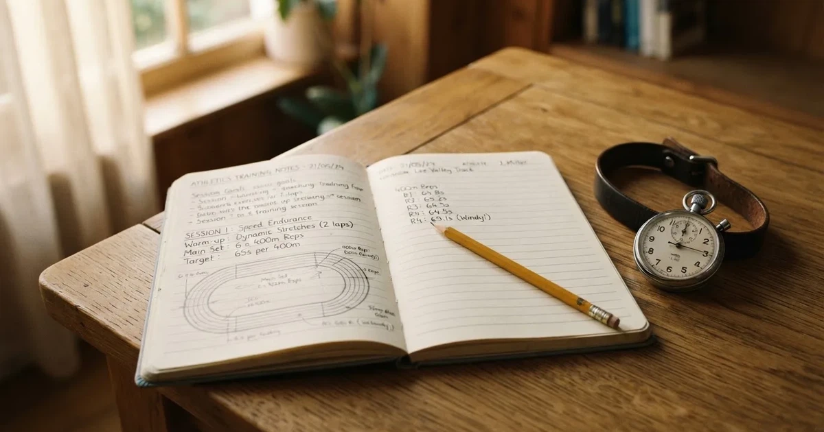 An open notebook with a pencil and a stopwatch on a wooden table