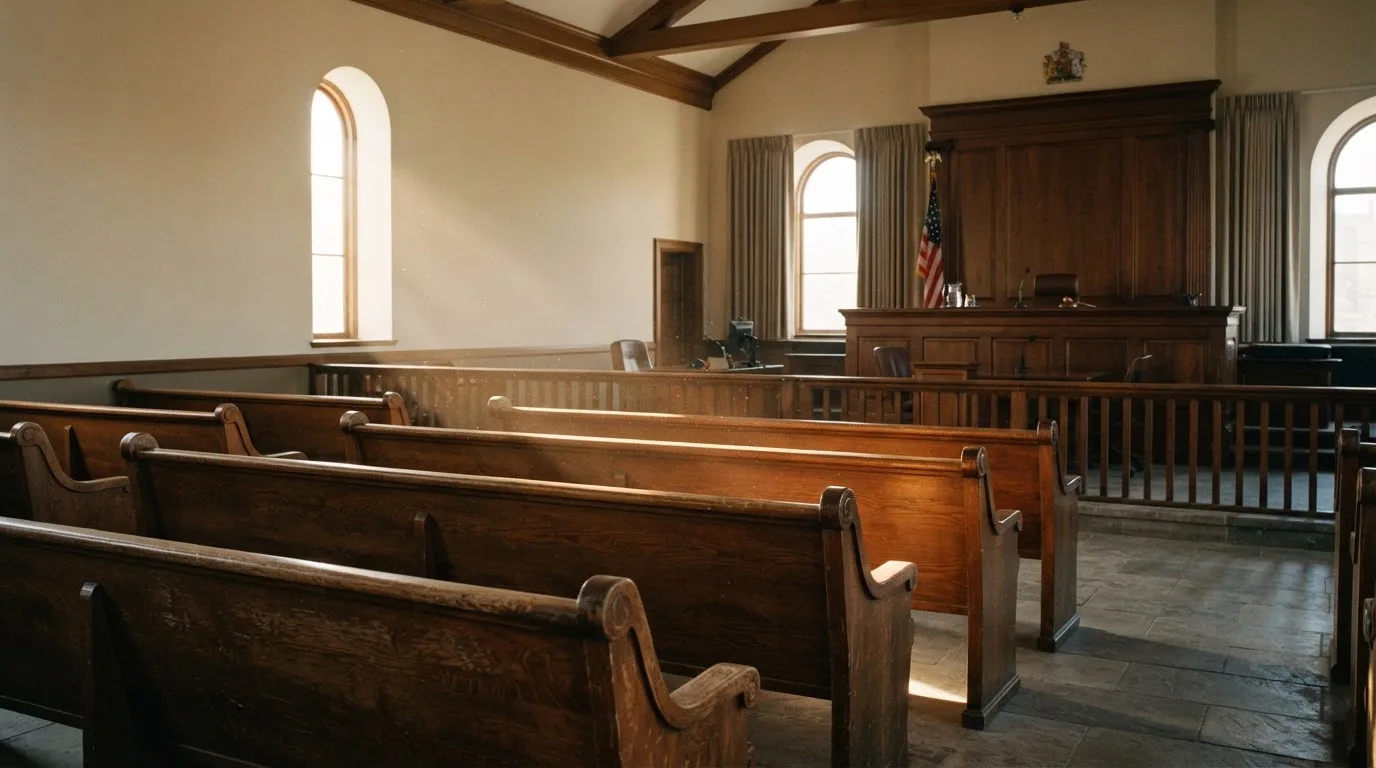 An empty courtroom with wooden benches in morning light