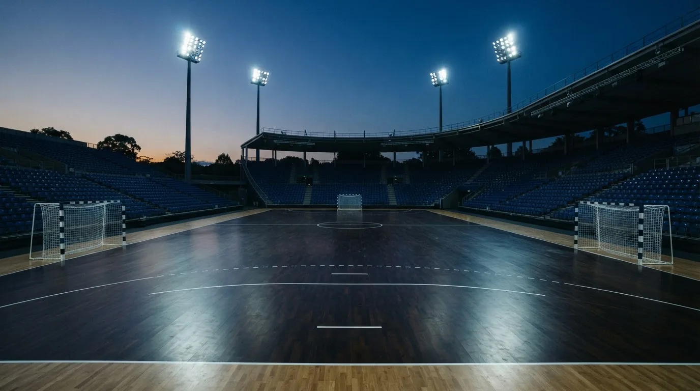 An empty football stadium with floodlight masts at dusk