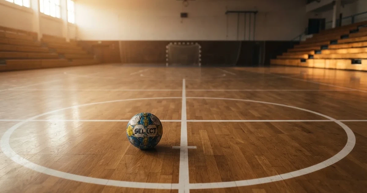 A ball on the centre spot of a grass pitch in morning light