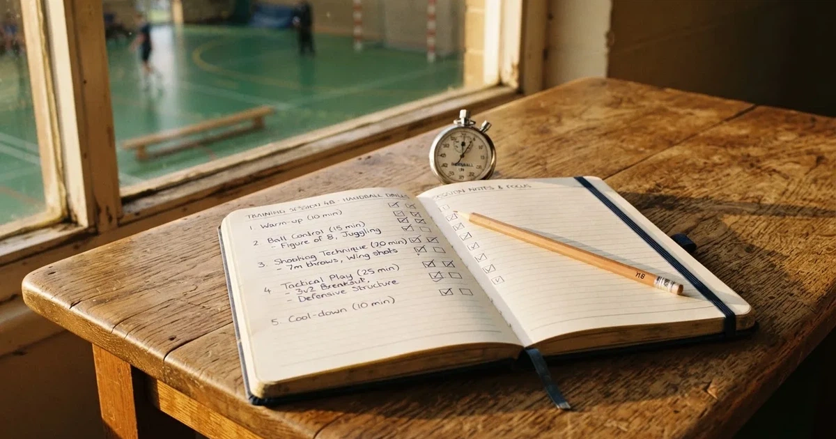 An open notebook with a pencil and a stopwatch on a wooden table