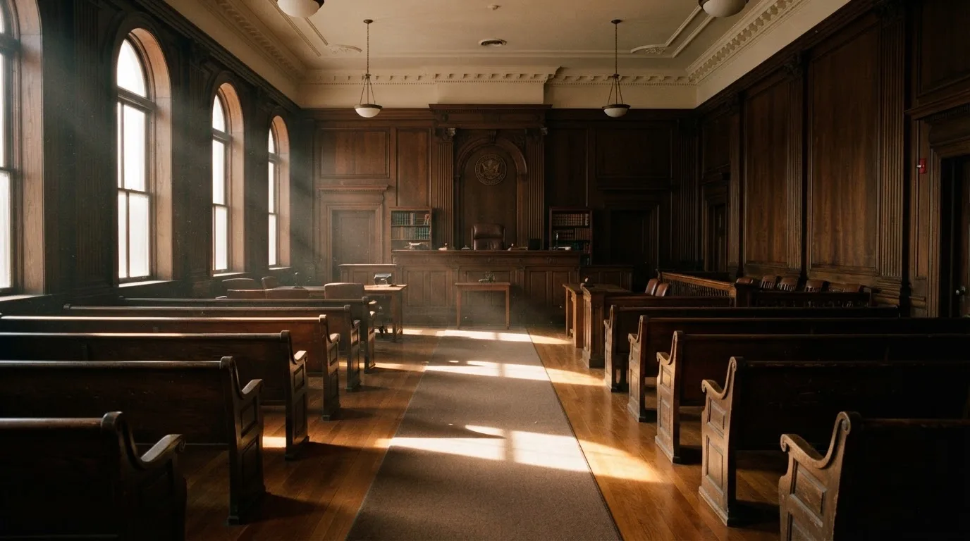 An empty courtroom with wooden benches in morning light