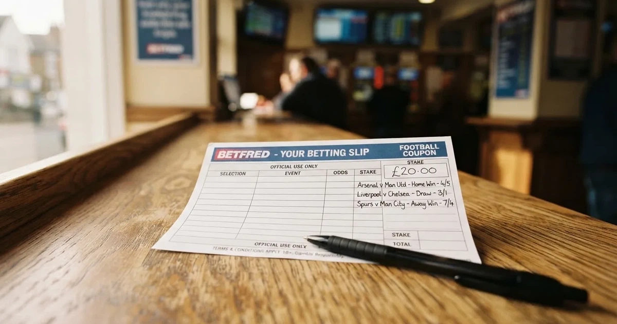 A blank paper betting slip beside a pen on a wooden counter