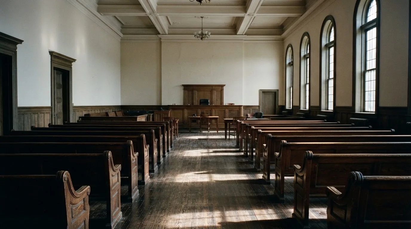 An empty courtroom with wooden benches in morning light