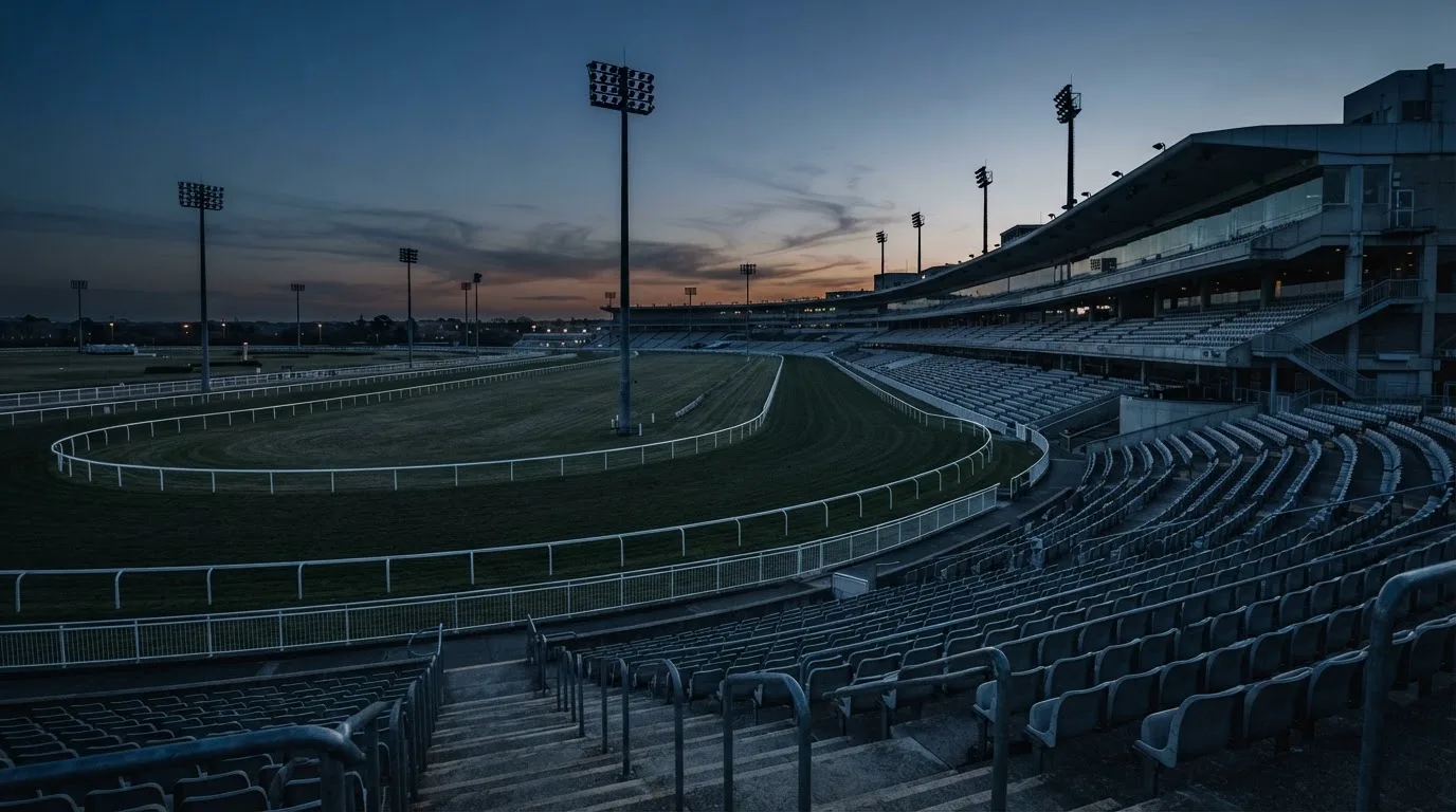 An empty football stadium with floodlight masts at dusk