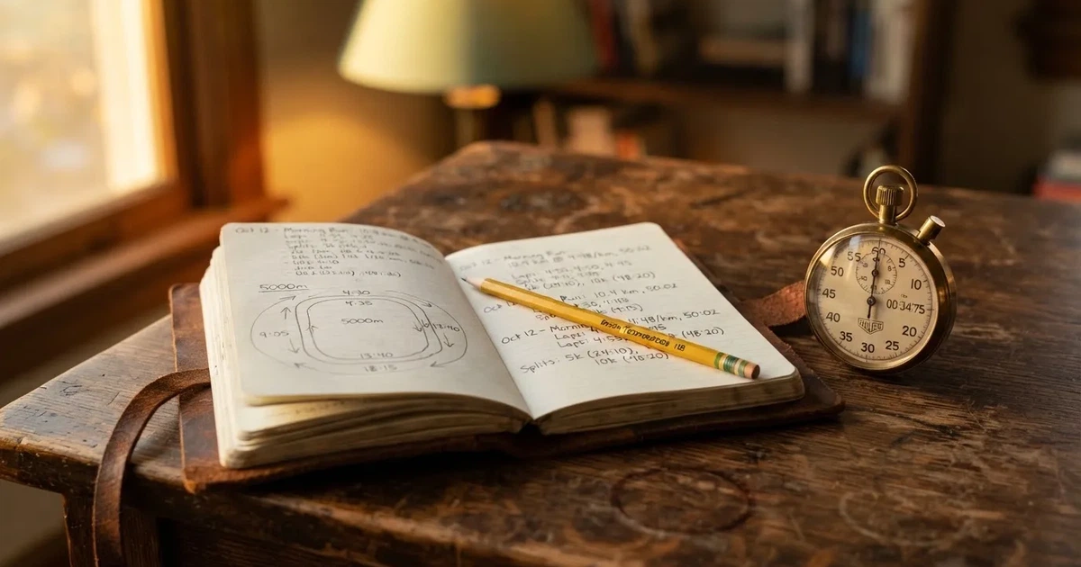 An open notebook with a pencil and a stopwatch on a wooden table