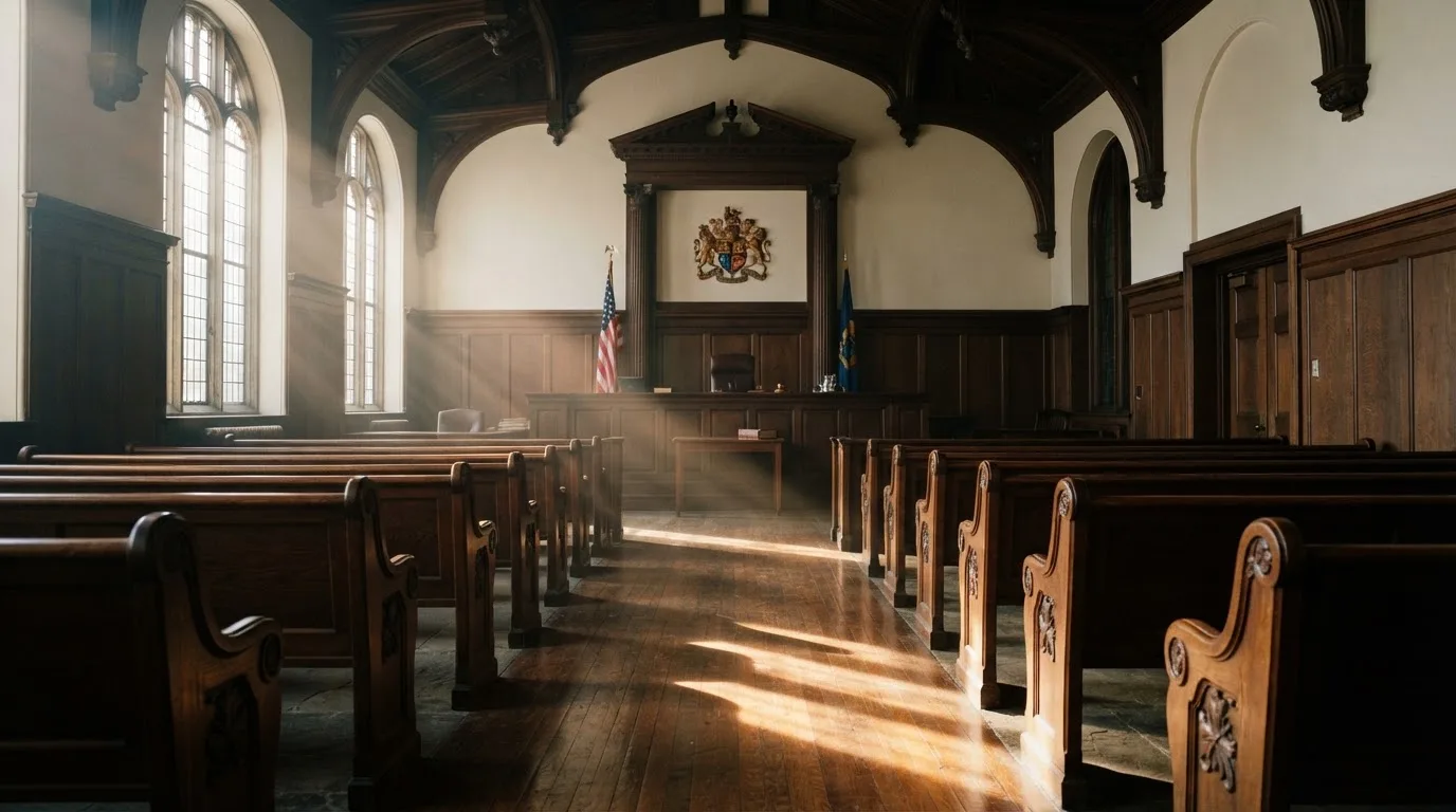 An empty courtroom with wooden benches in morning light