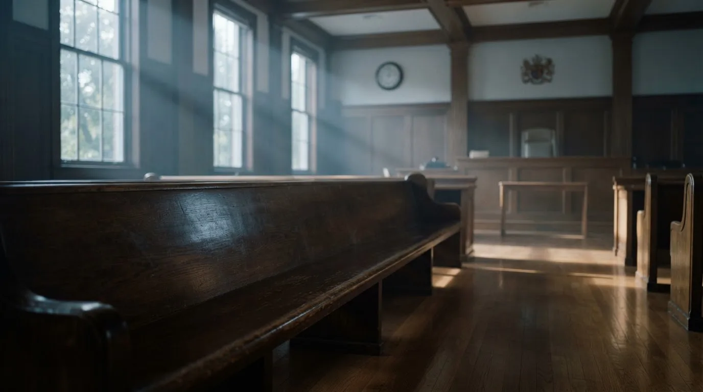 An empty courtroom with wooden benches in morning light