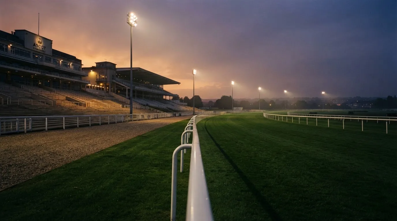 An empty football stadium with floodlight masts at dusk