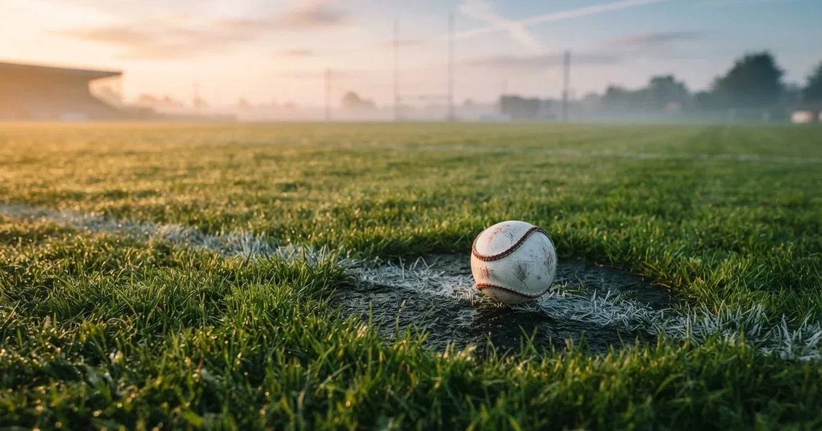 A ball on the centre spot of a grass pitch in morning light