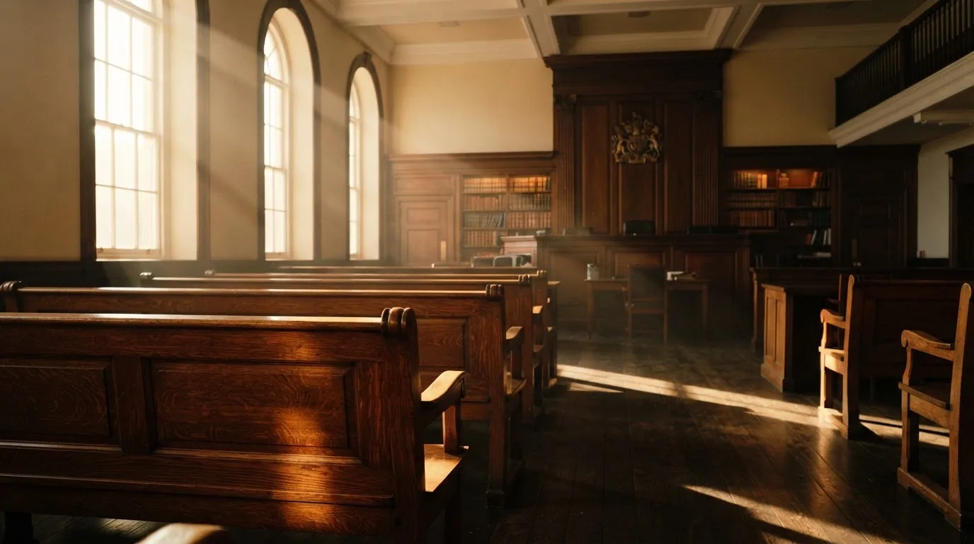 An empty courtroom with wooden benches in morning light