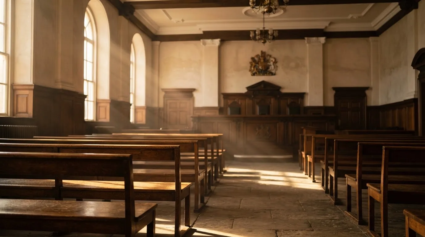An empty courtroom with wooden benches in morning light