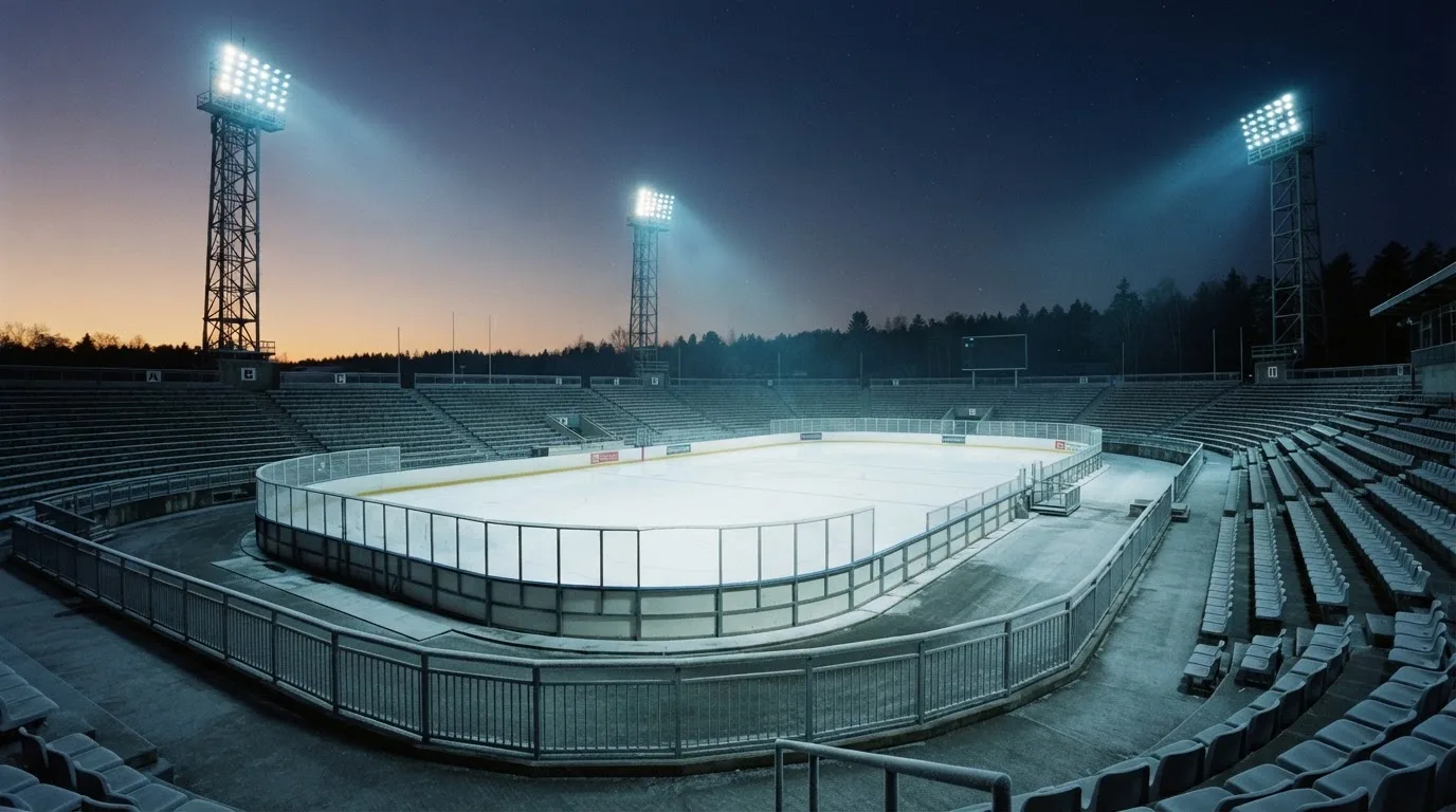 An empty football stadium with floodlight masts at dusk