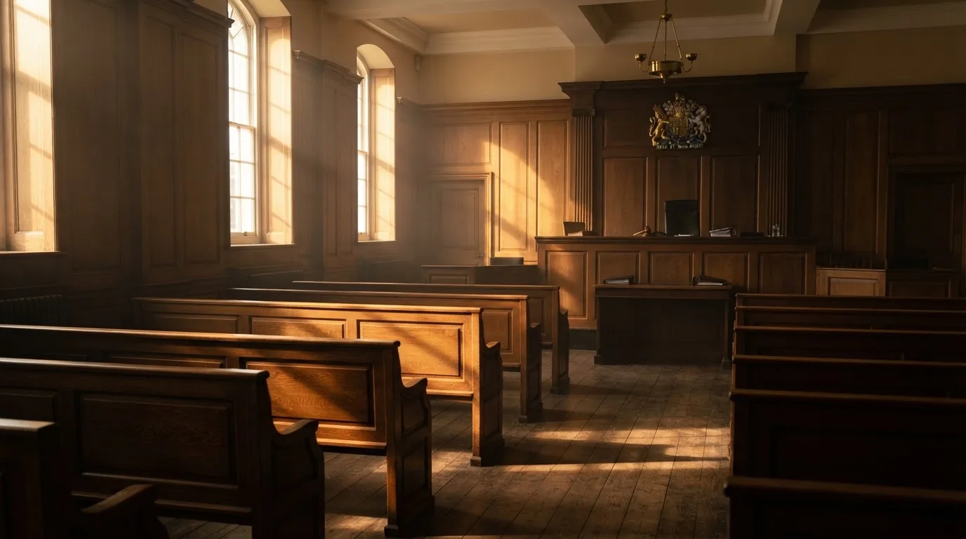 An empty courtroom with wooden benches in morning light