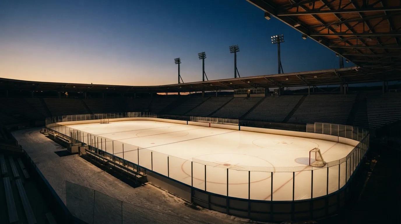 An empty football stadium with floodlight masts at dusk