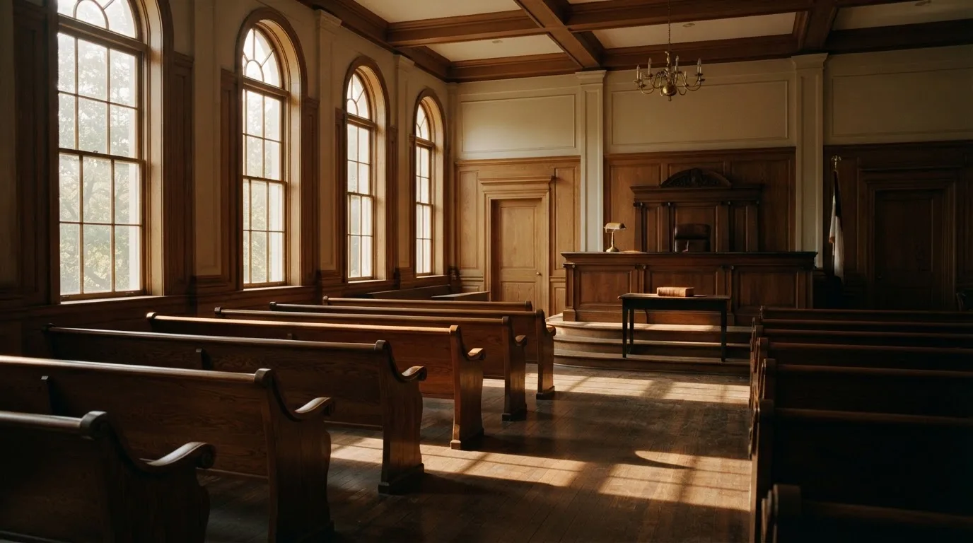 An empty courtroom with wooden benches in morning light