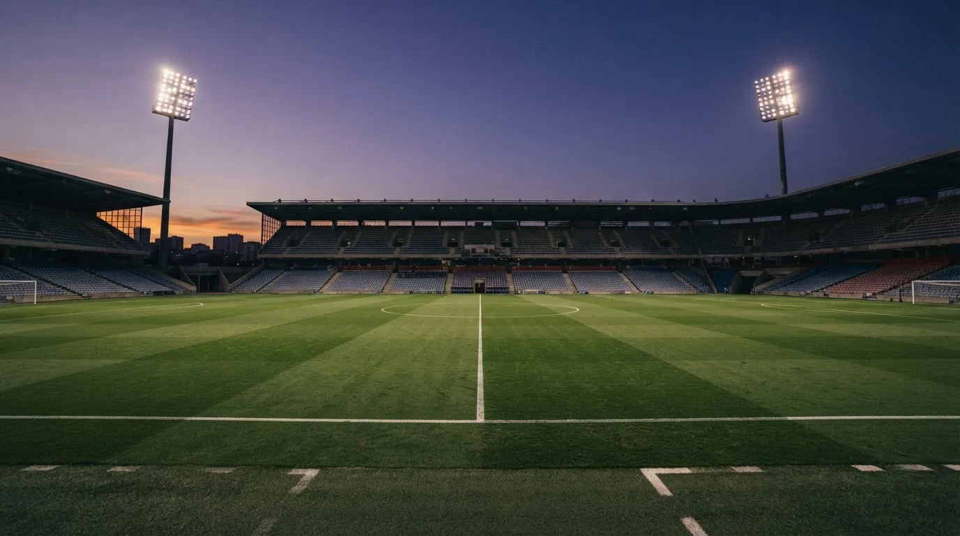 An empty football stadium with floodlight masts at dusk