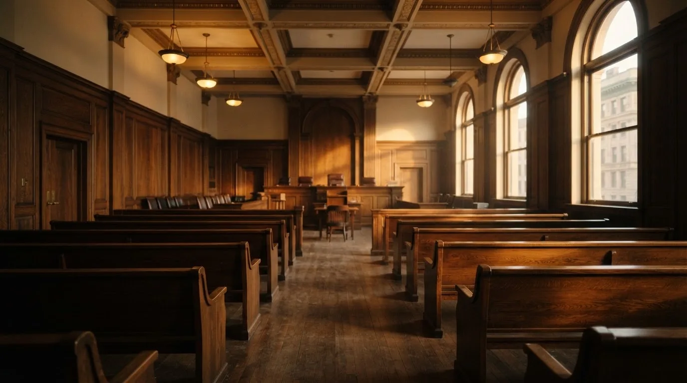 An empty courtroom with wooden benches in morning light