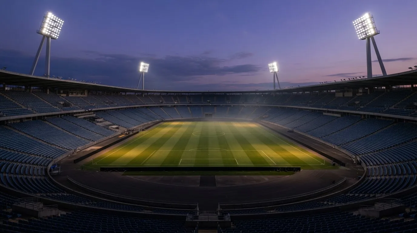 An empty football stadium with floodlight masts at dusk