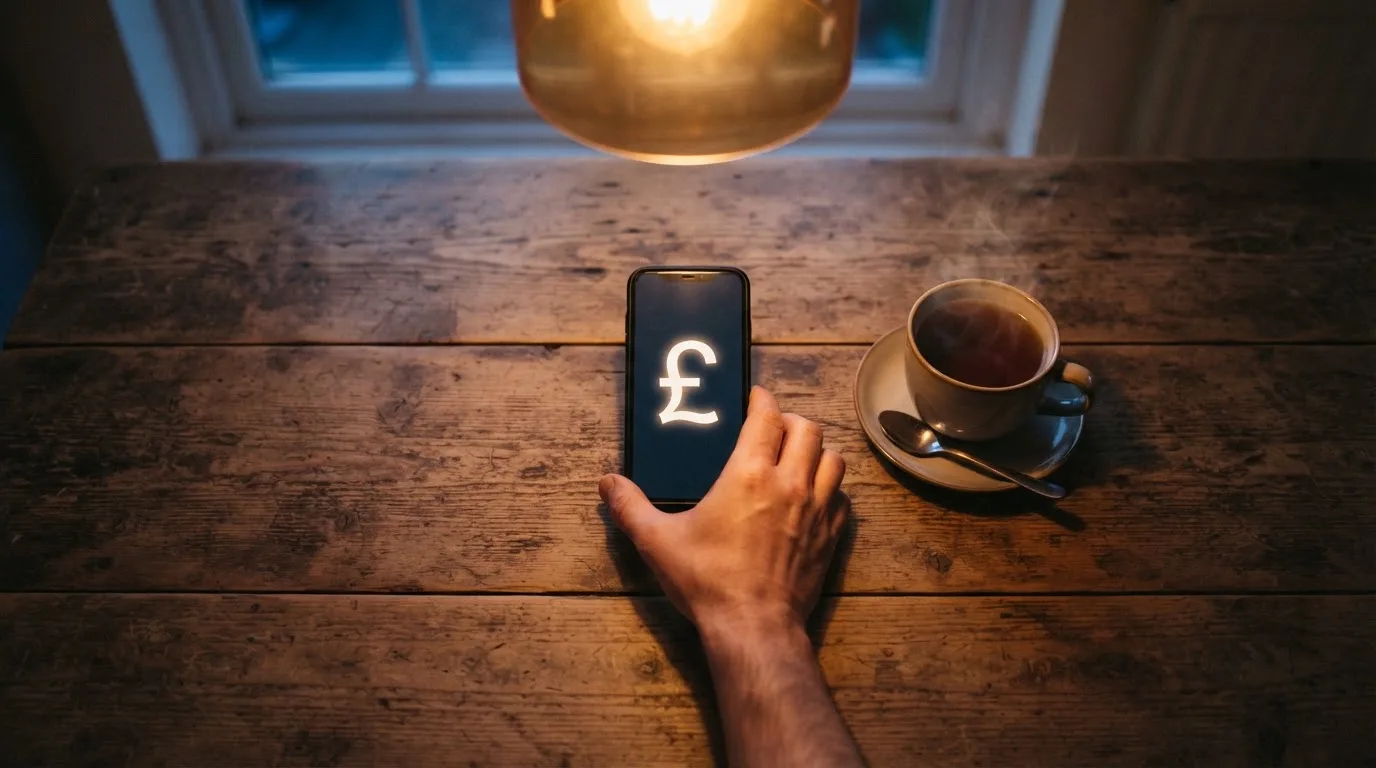 A hand setting a smartphone down beside a cup of tea on a kitchen table on a quiet evening