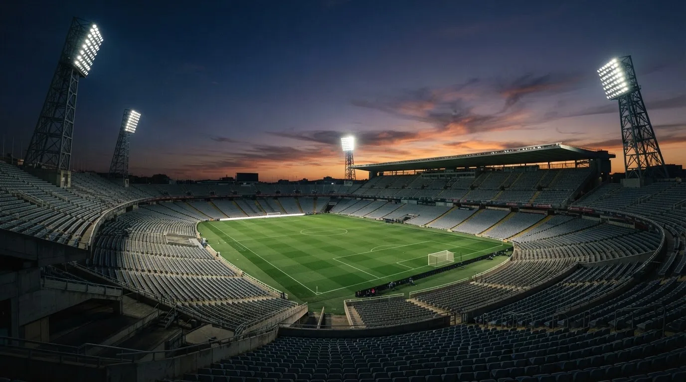 An empty football stadium with floodlight masts at dusk