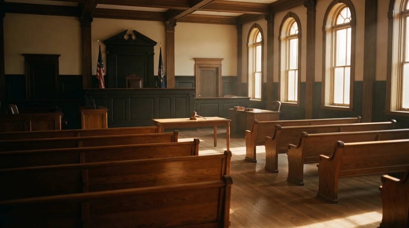 An empty courtroom with wooden benches in morning light