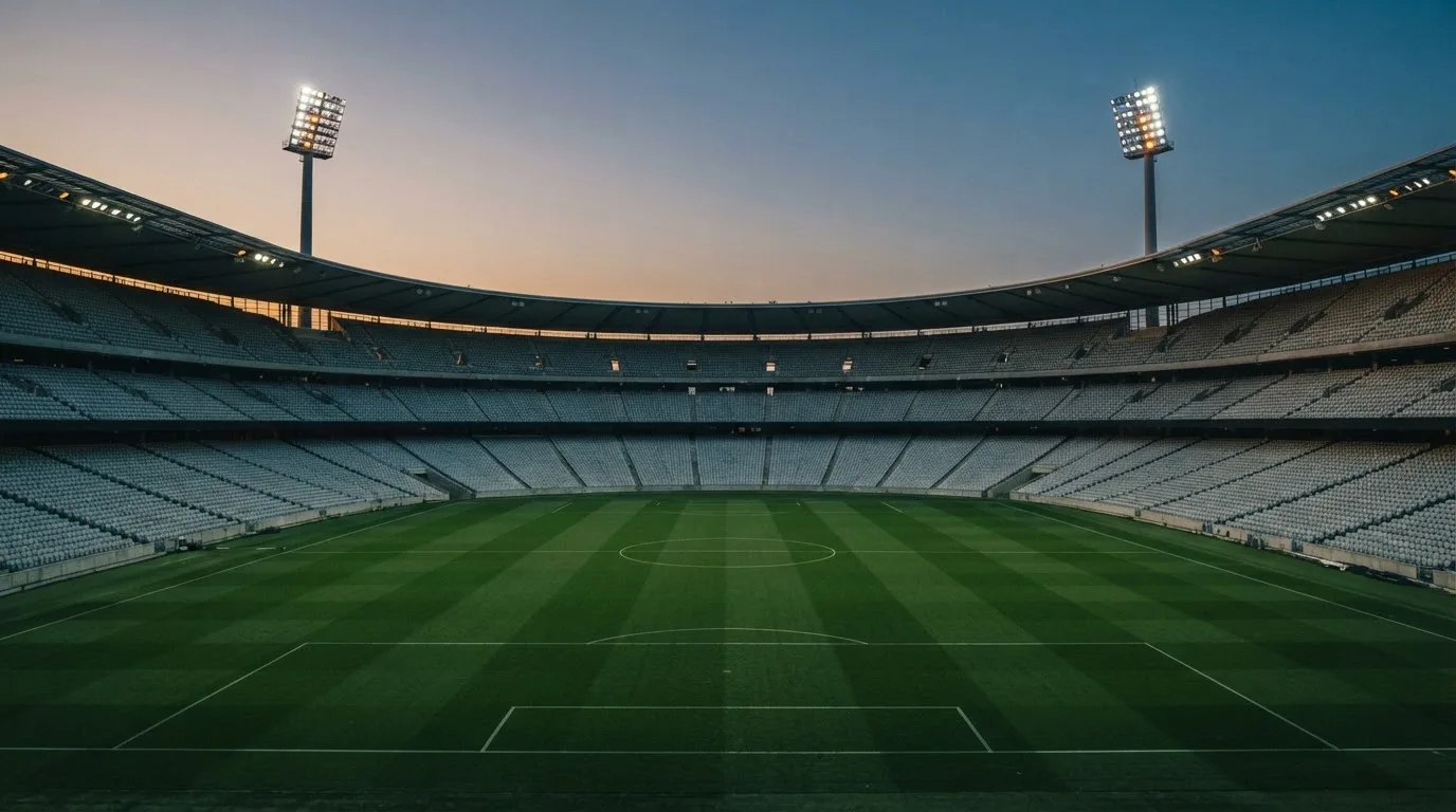 An empty football stadium with floodlight masts at dusk