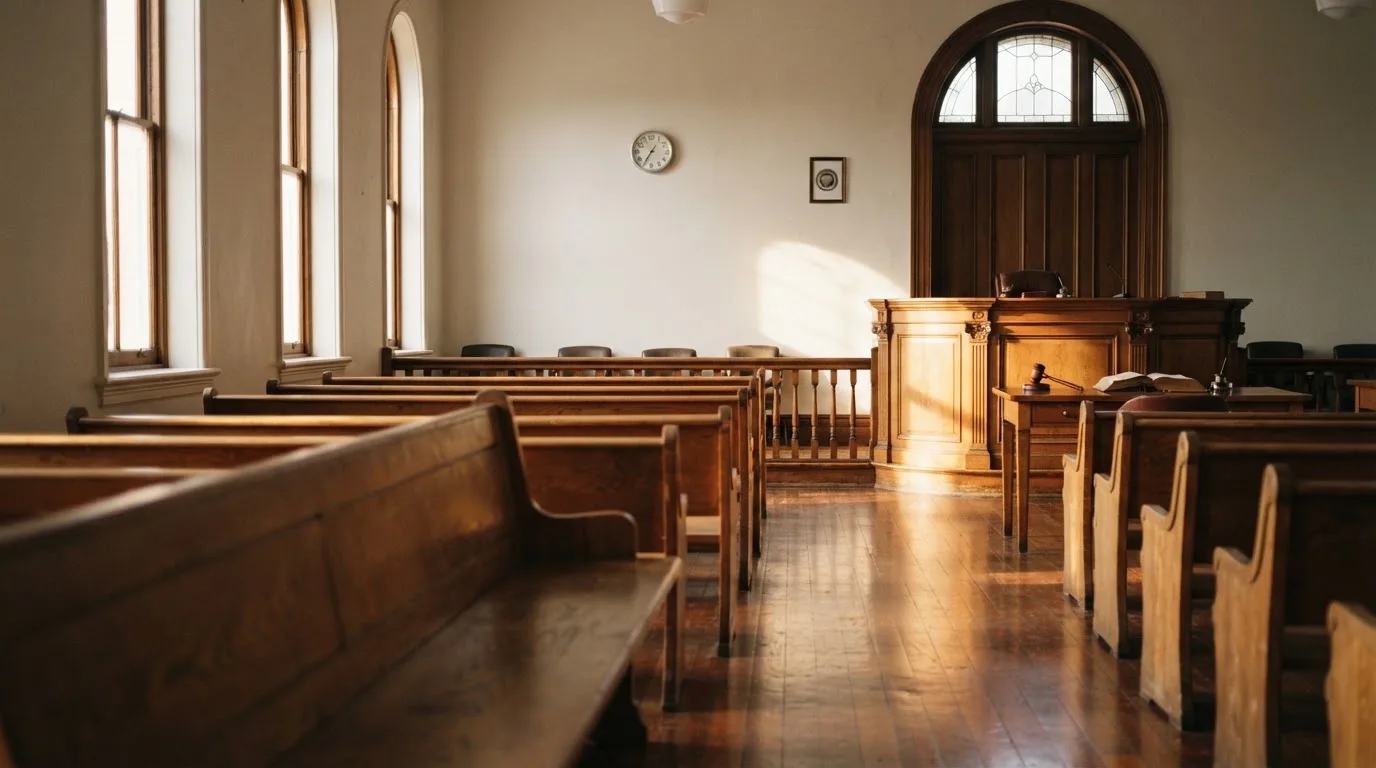 An empty courtroom with wooden benches in morning light