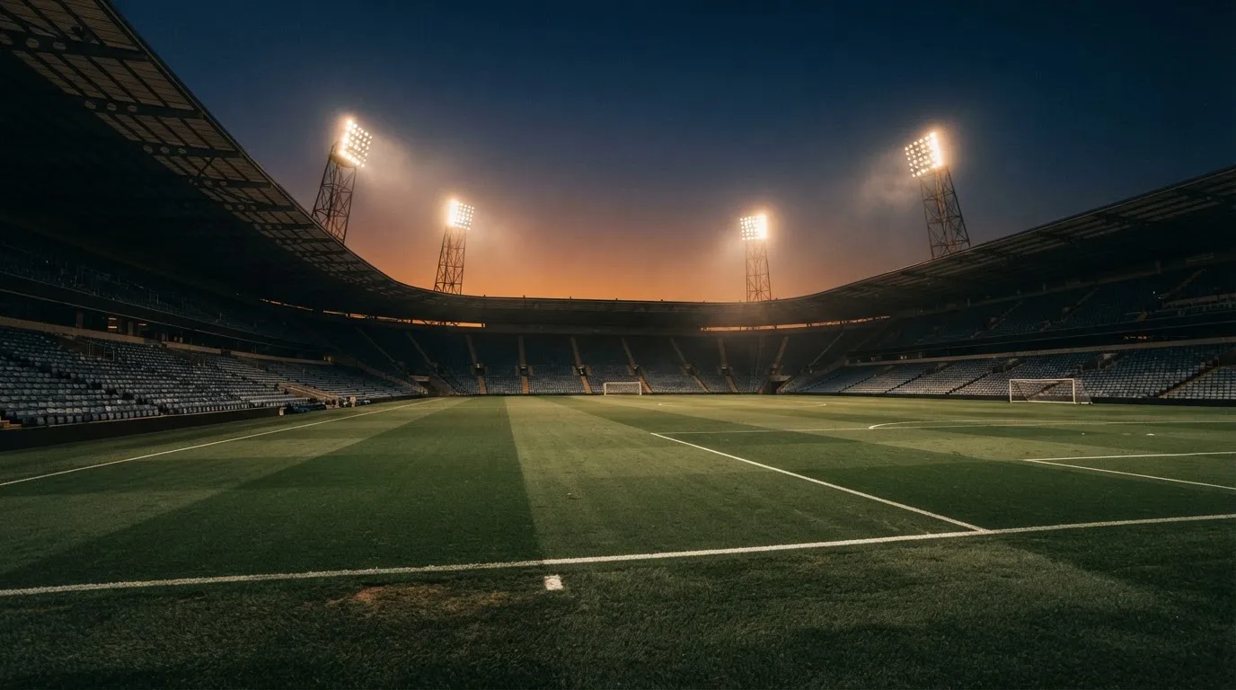 An empty football stadium with floodlight masts at dusk