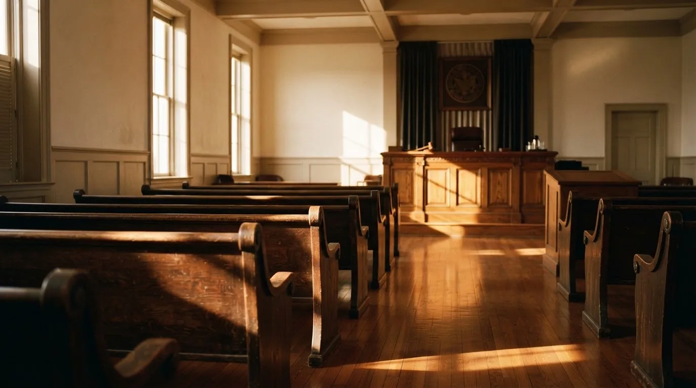An empty courtroom with wooden benches in morning light