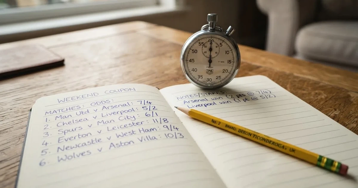 An open notebook with a pencil and a stopwatch on a wooden table